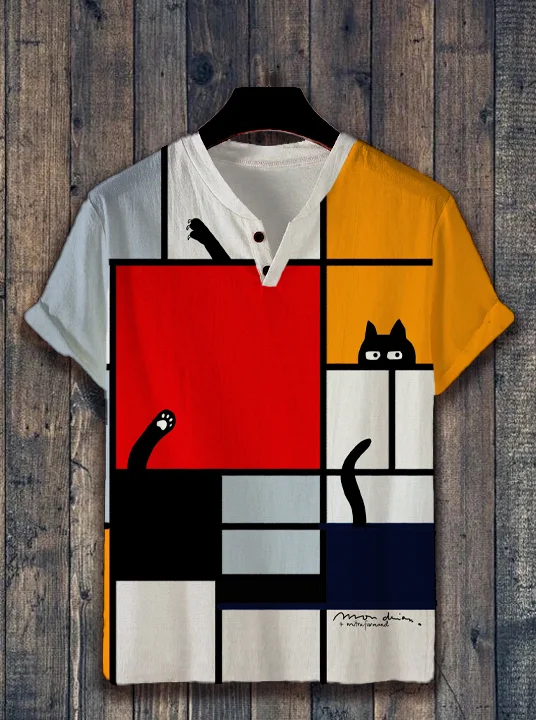 Men's Multicolor Block Mondrian Cat Art Print Half Button Short Sleeve Shirt