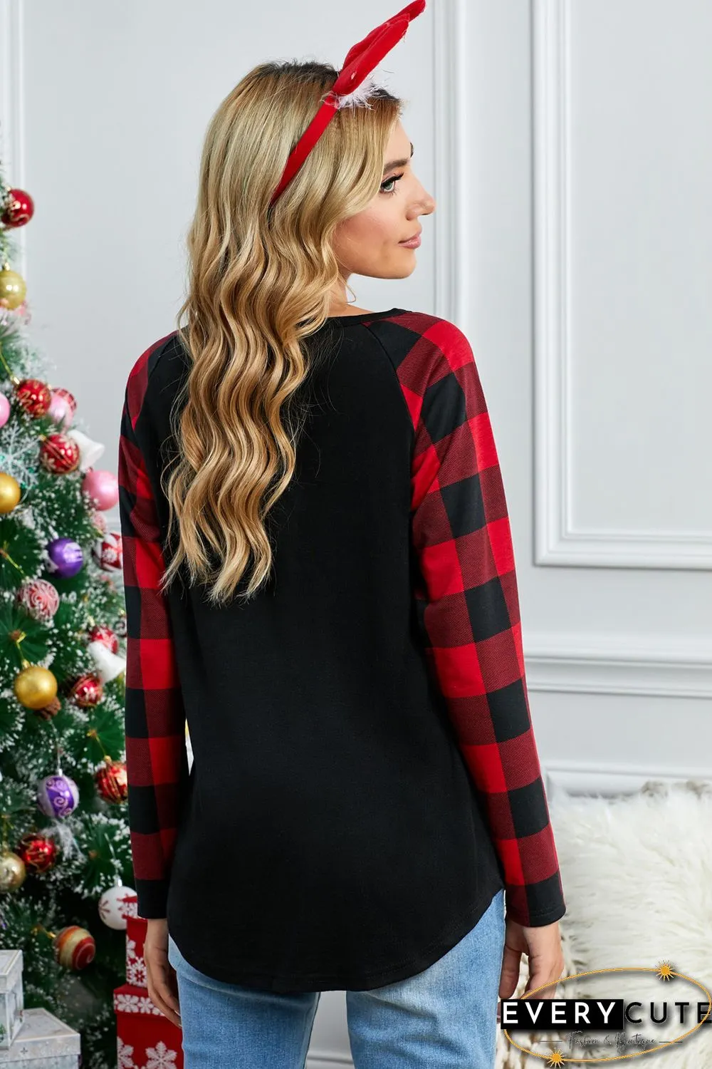 Sequined Pocket Plaid Raglan Black Top