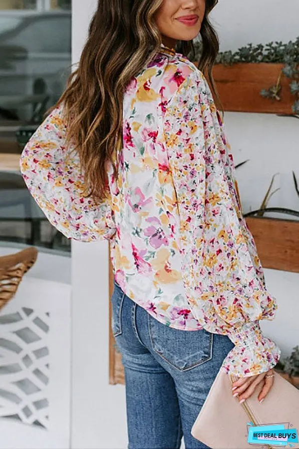 Sweet Flower Print Balloon Sleeve Blouse