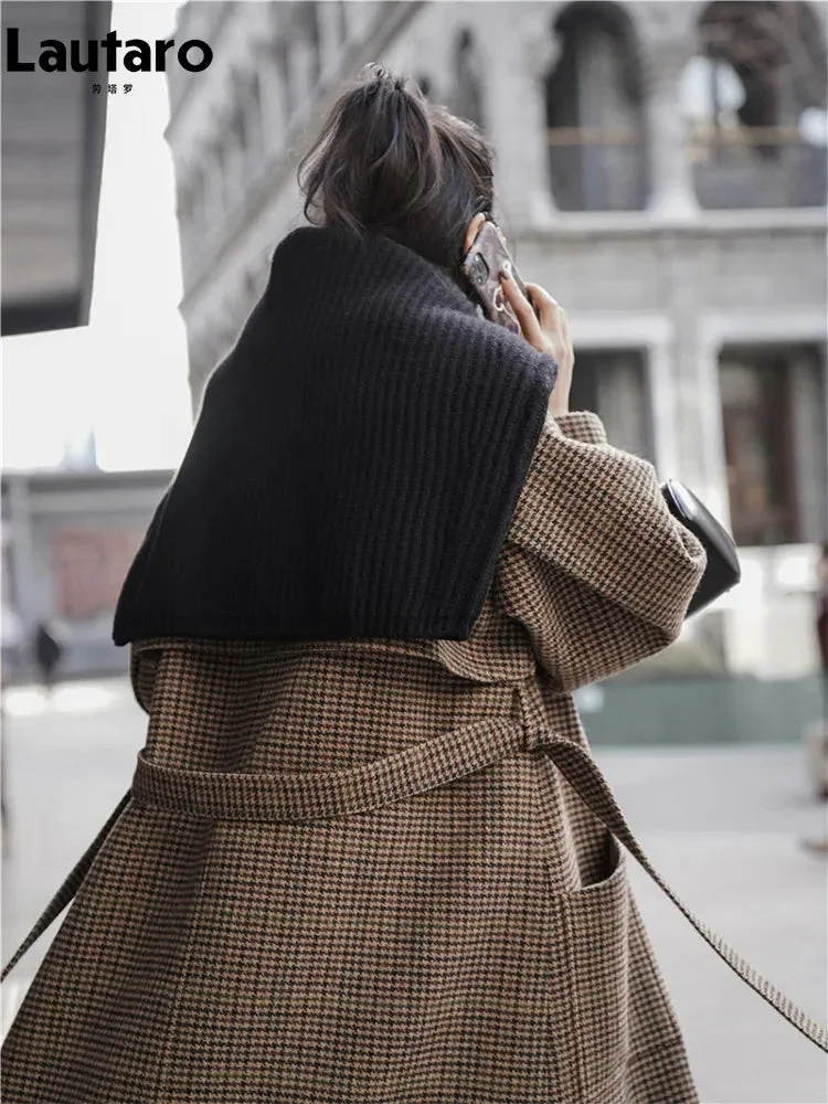 Huiketi Autumn Winter Long Loose Stylish Warm Plaid Wool Blends Coat Women Sashes Luxury Designer Runway European Fashion 2023