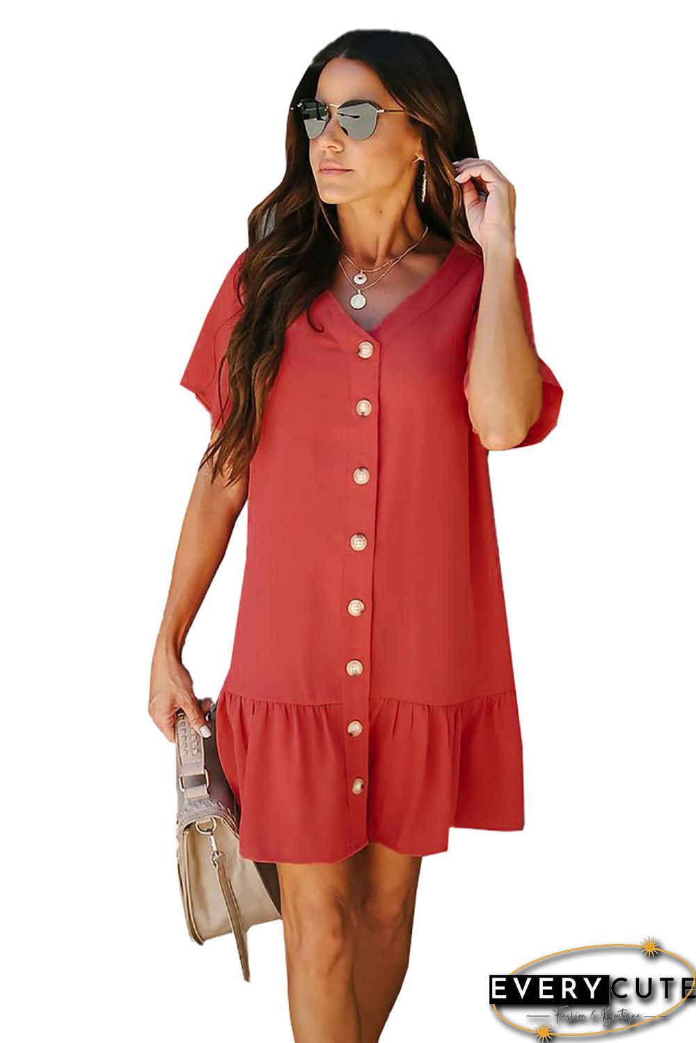 Red Pocketed Button Down Ruffle Dress