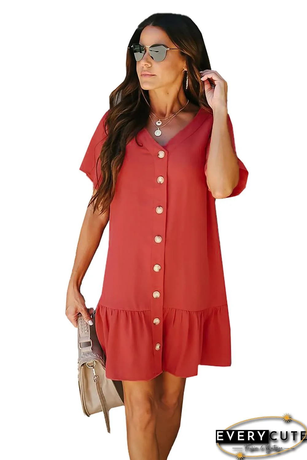 Red Pocketed Button Down Ruffle Dress
