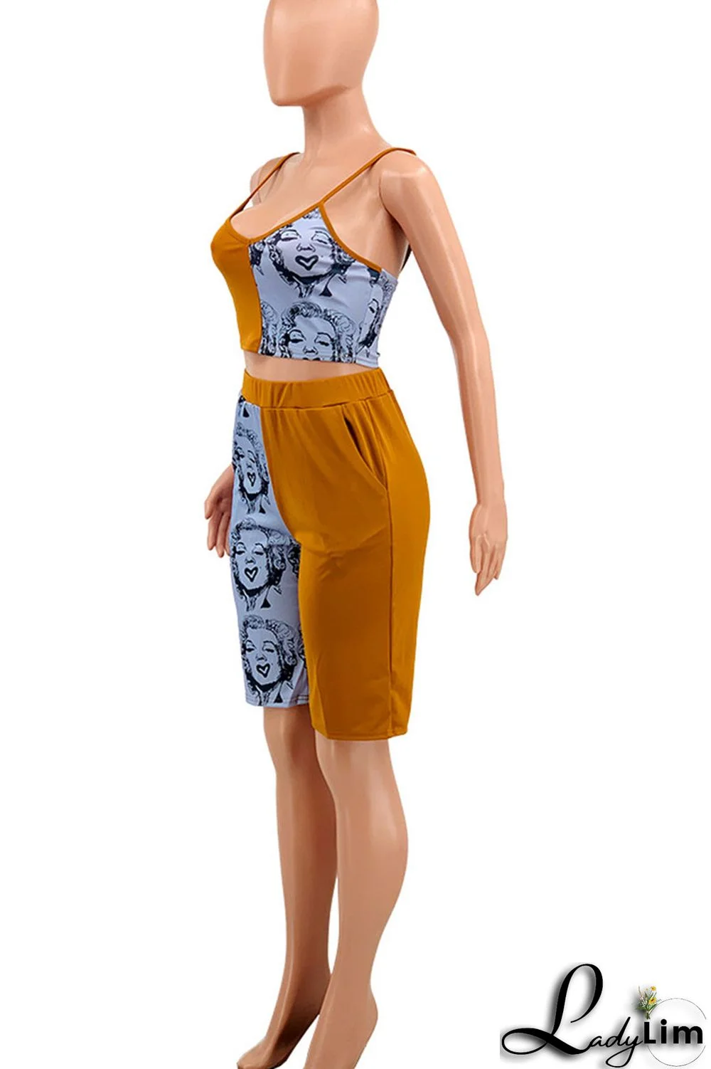 Tangerine Casual Street Print Patchwork Spaghetti Strap Sleeveless Two Pieces
