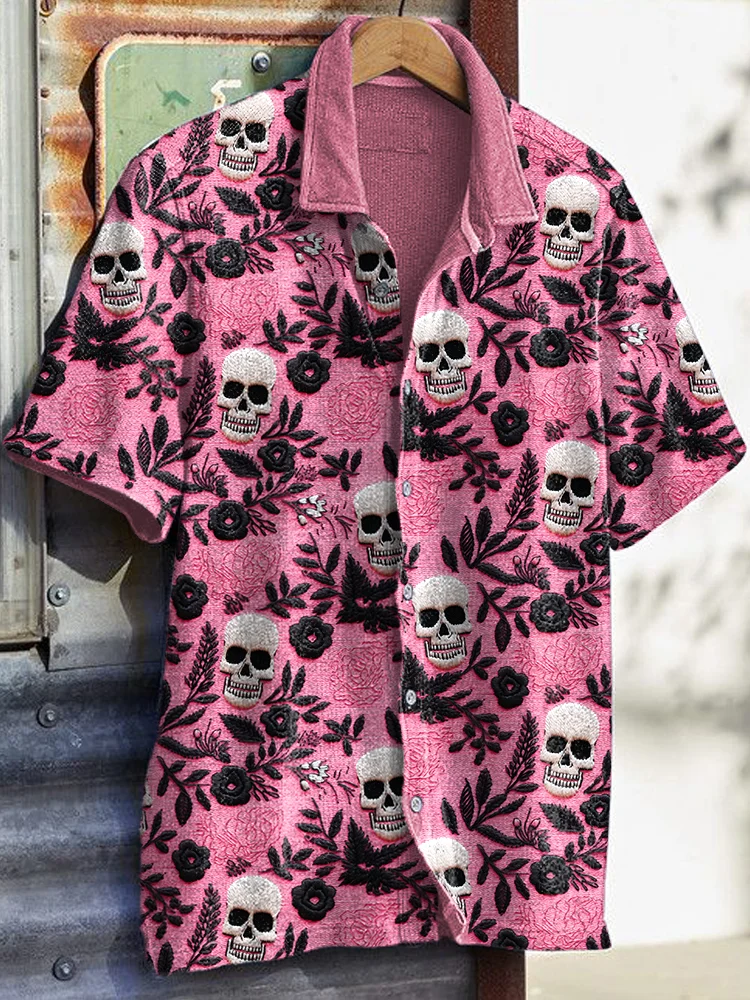 Men's Vintage Floral Skull Embroidery Pattern Shirt