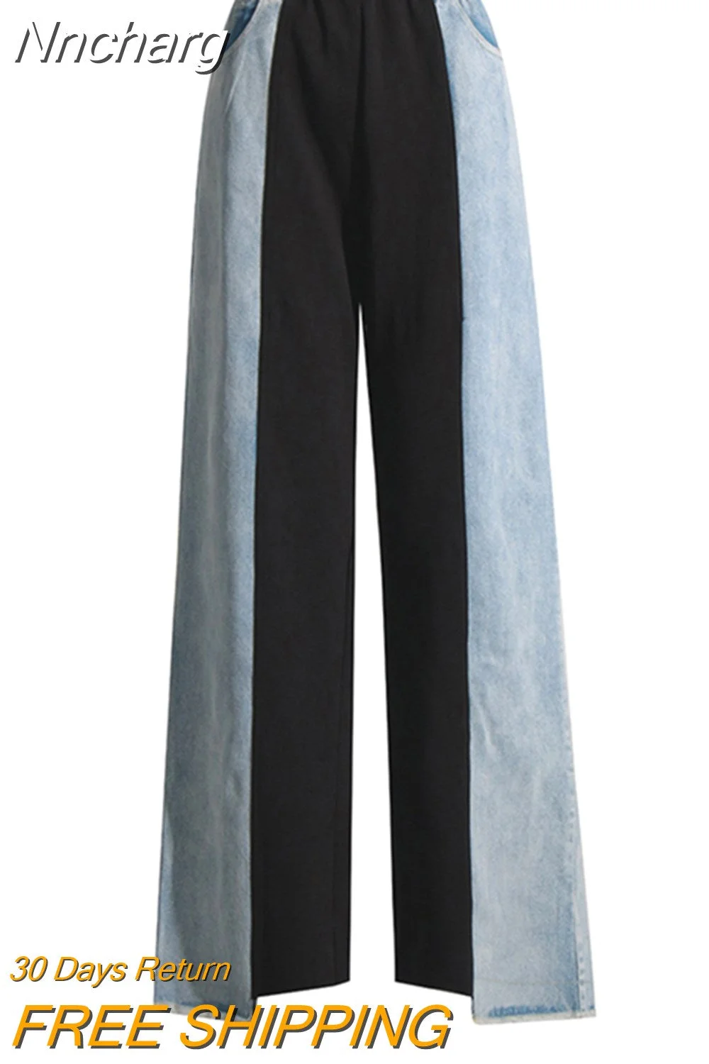 Nncharge Straight Loose Denim Pants Female High Waist Colorblock Loose Wide Leg Long Trousers Women Clothing 2023 Style New