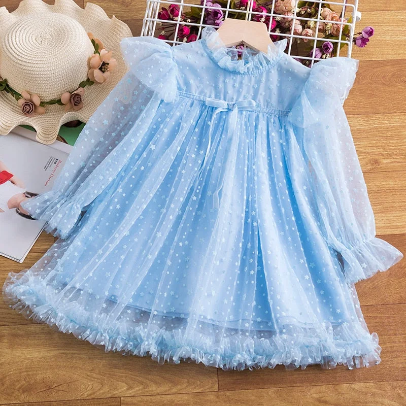 Girl Red Ceremony Dress Kids Autumn Long Sleeve Tulle Frocks Children Party Casual Wear Princess Costume Polka Dots Baby Clothes