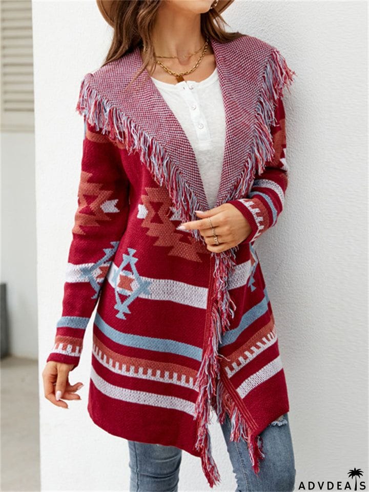 National Style Elegant Tassels Hooded Cardigan Sweater for Women