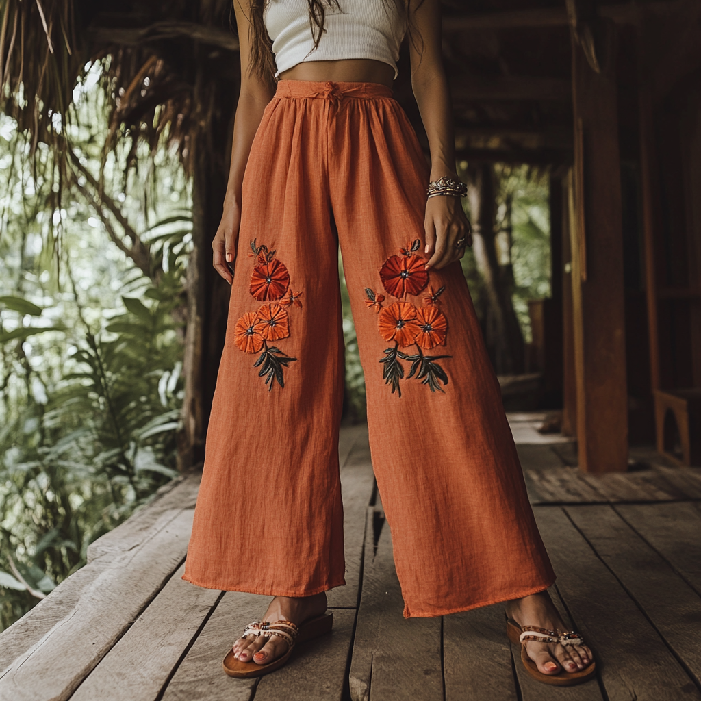Women's Boho Floral Embroidery Art Linen Casual Pants