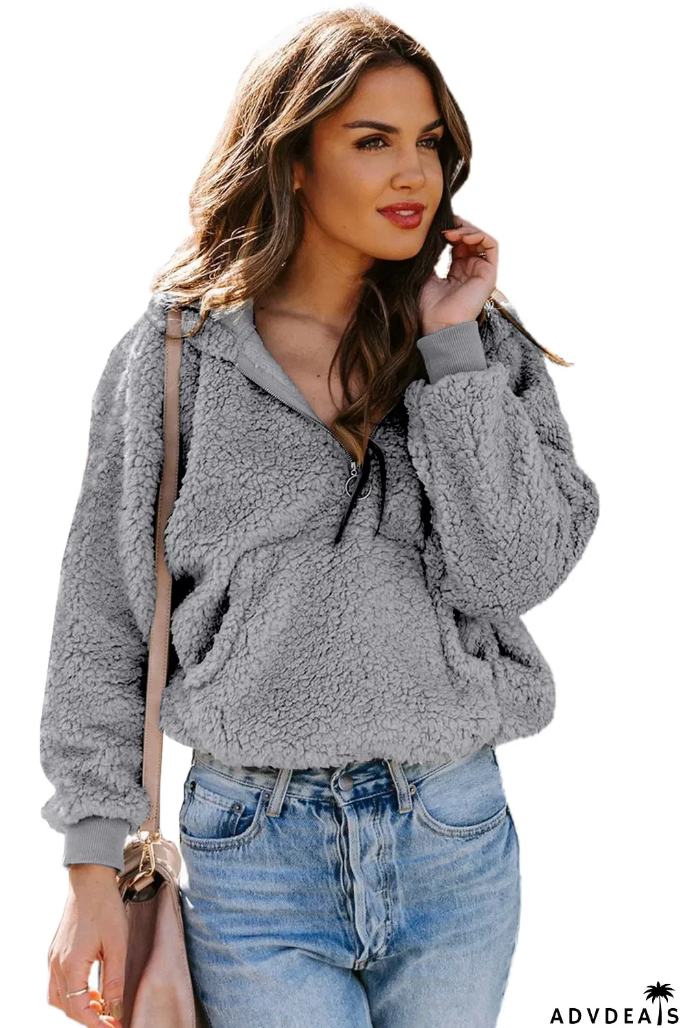 Gray 1/4 Zip Hooded Sherpa Sweatshirt with Kangaroo