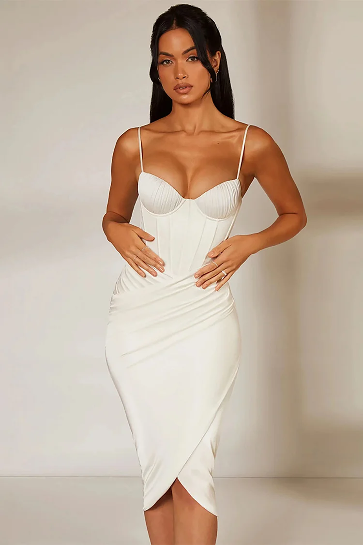 White Cami V Neck Ruched Corset Wrapped Pleated Bodycon Satin Evening Gown Midi Dresses
