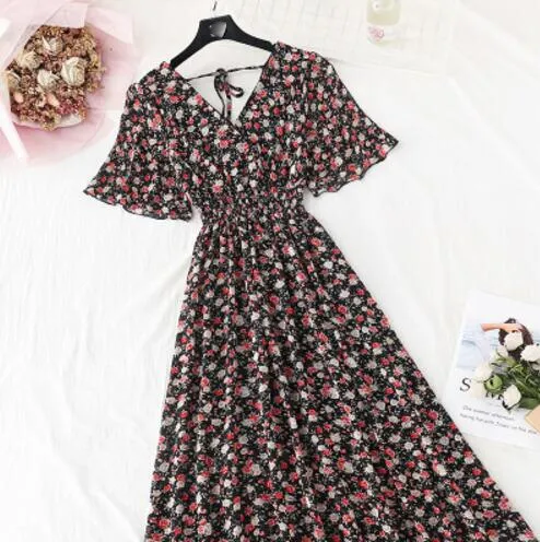 2020 Slim V Neck Summer Midi Long Dress Vestido Party Short sleeve Chiffon dress Women Casual Elegant print A-Line Vestidos