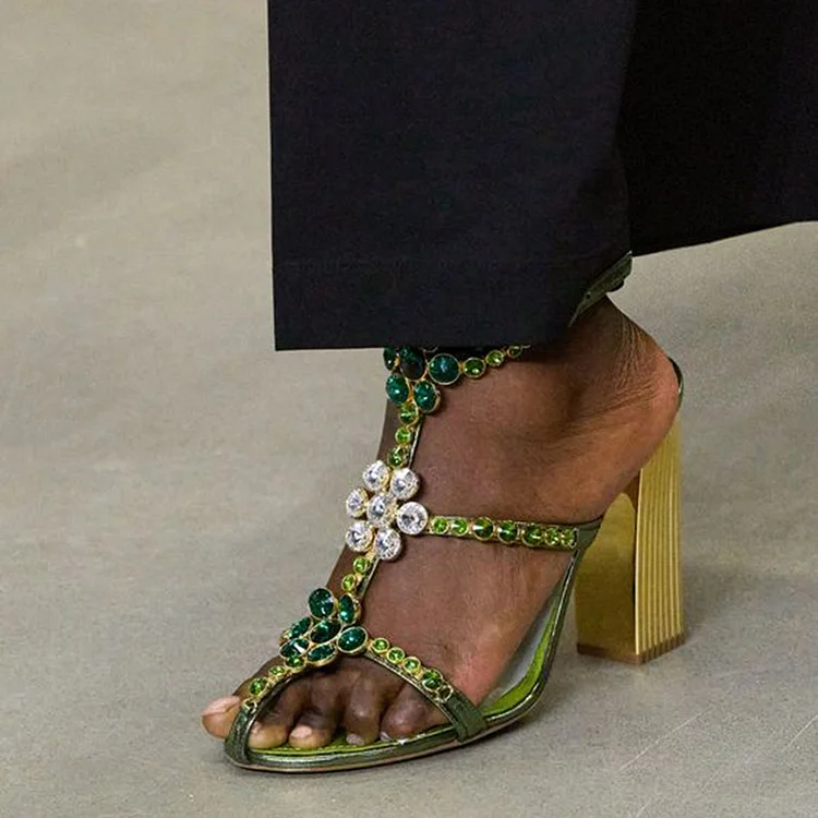 Women's Strappy Buckle Sandal Classic Summer Chunky Heels Party Rhinestones Shoes |FSJ Shoes