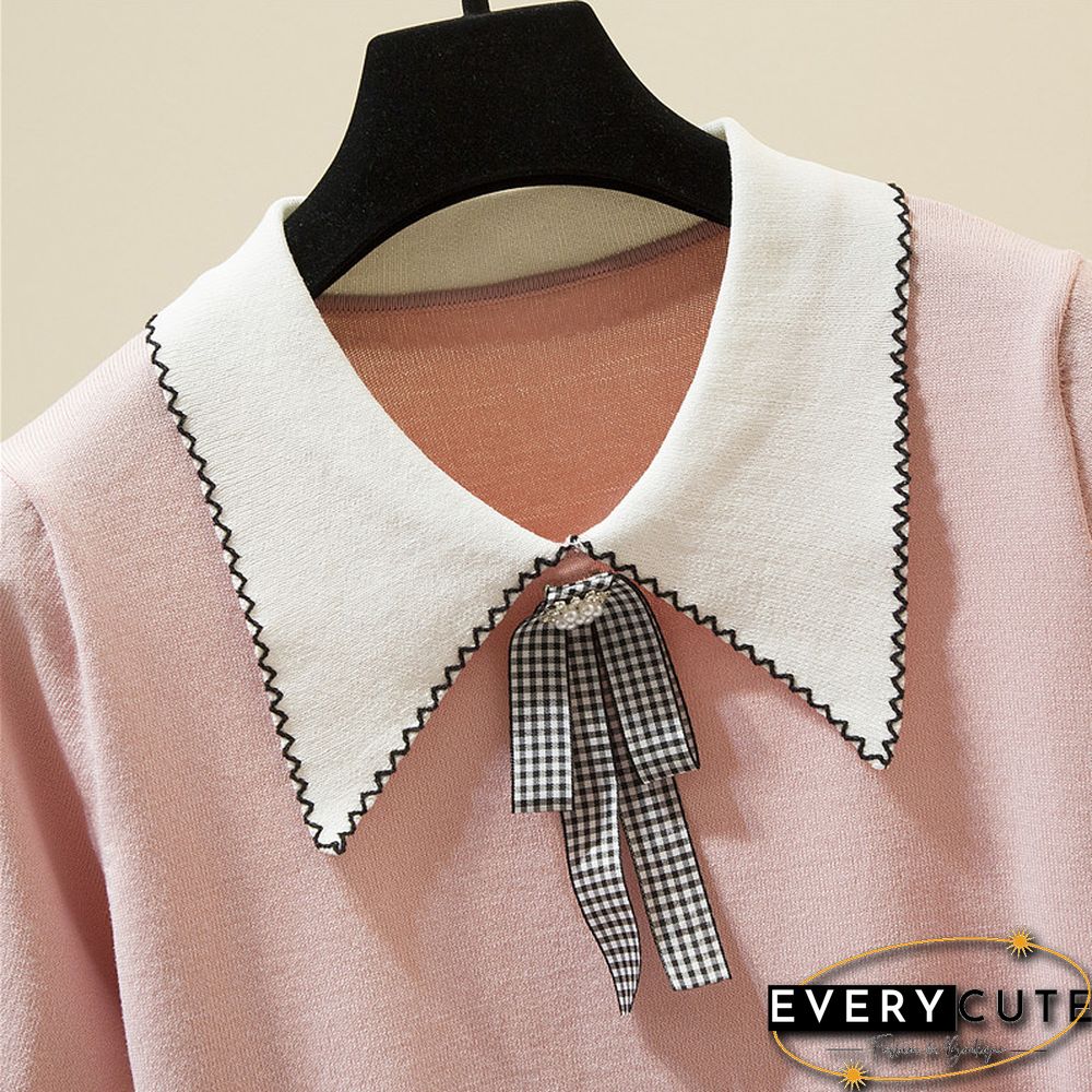Korean Fashion Bow Women T Shirt Turn-Down Collar Knitted Tee Shirt Female Summer Short Sleeve Sweet Style Tshirt Woman Clothes
