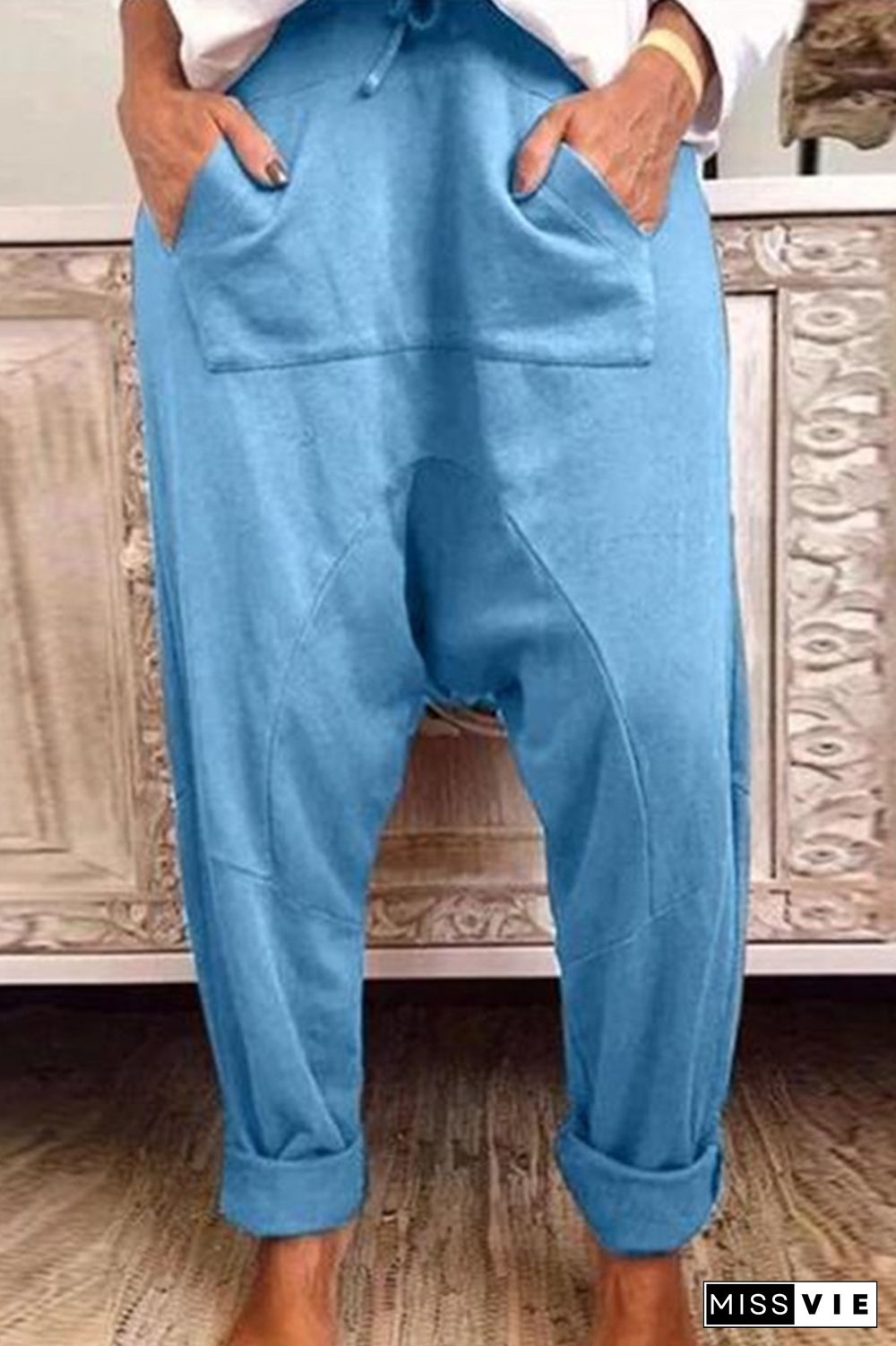 Casual Solid Draw String Pocket Loose Harlan Solid Color Bottoms