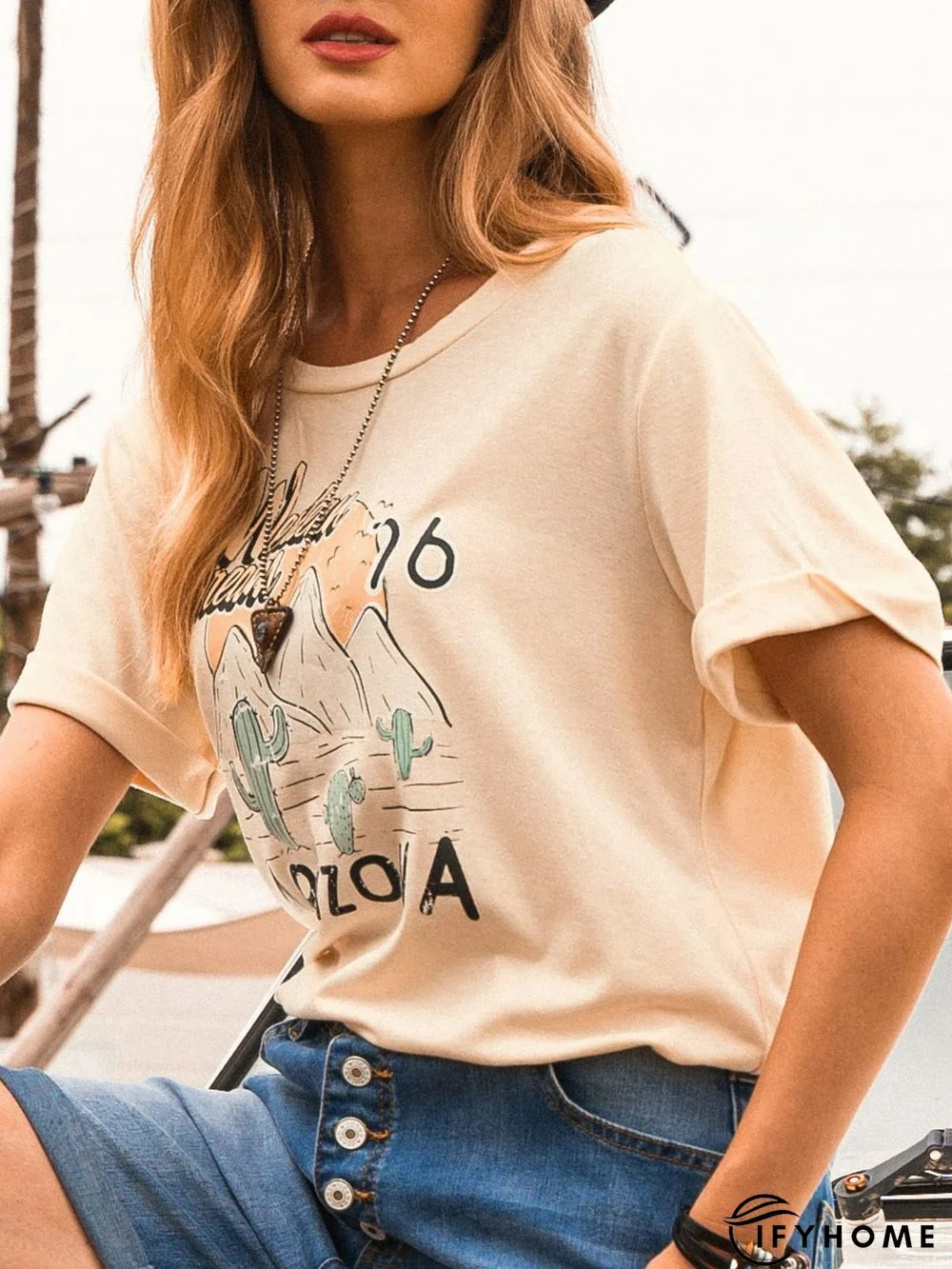 Apricot Short Sleeve Printed T-shirt | IFYHOME