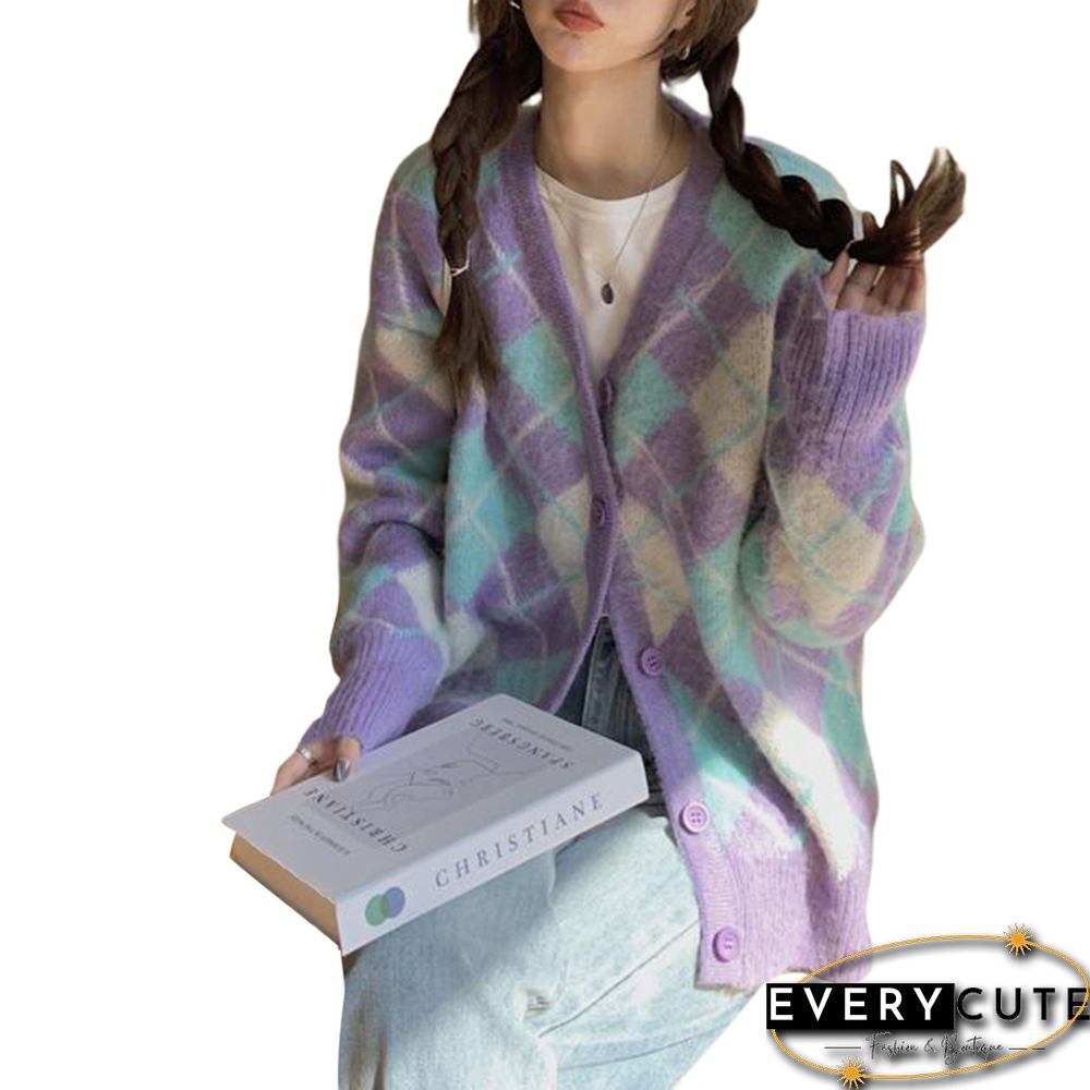 Womens Vintage Argyle Print Button Down Knit Sweater Long Sleeve V Neck Loose Cardigan Autumn Ins Knitting Tops