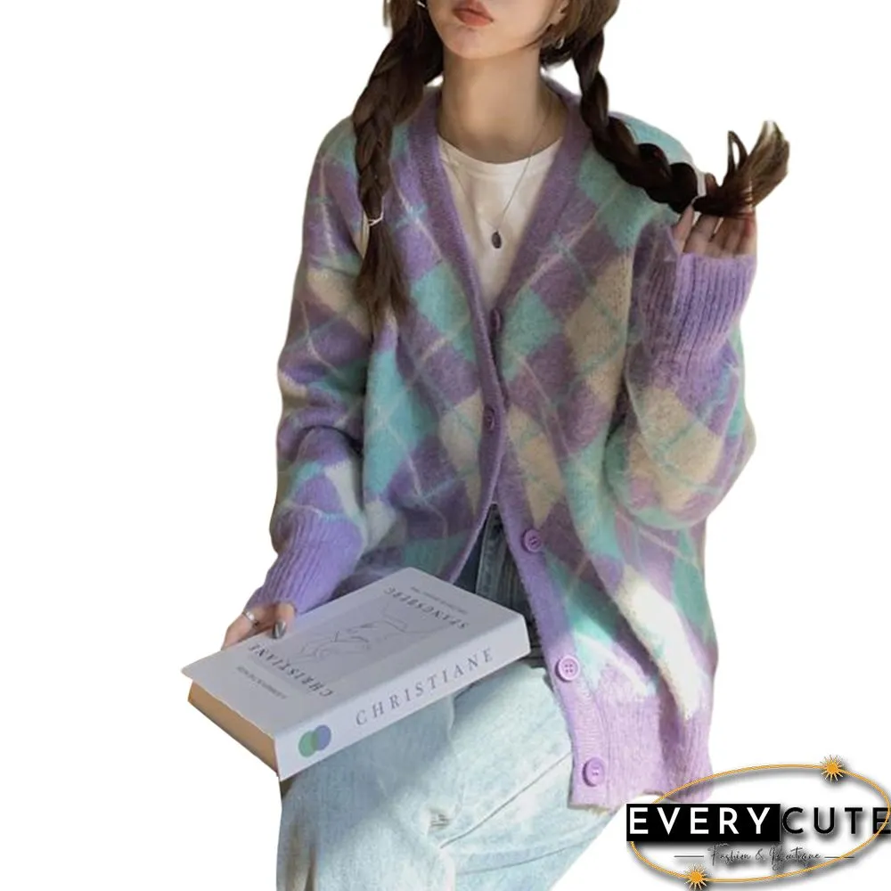 Womens Vintage Argyle Print Button Down Knit Sweater Long Sleeve V Neck Loose Cardigan Autumn Ins Knitting Tops
