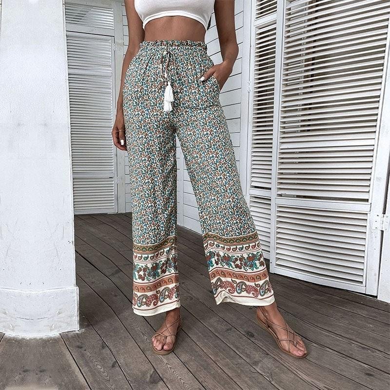 Retro Women's Green Printing Loose Wide-leg Pants Slit Pocket