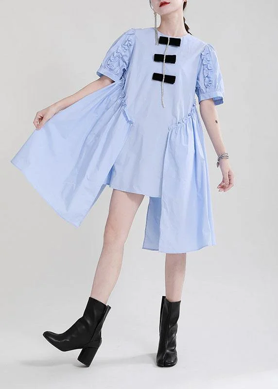 Fine Blue Puff Sleeve Asymmetrical Design Summer Vacation Dress Short Sleeve