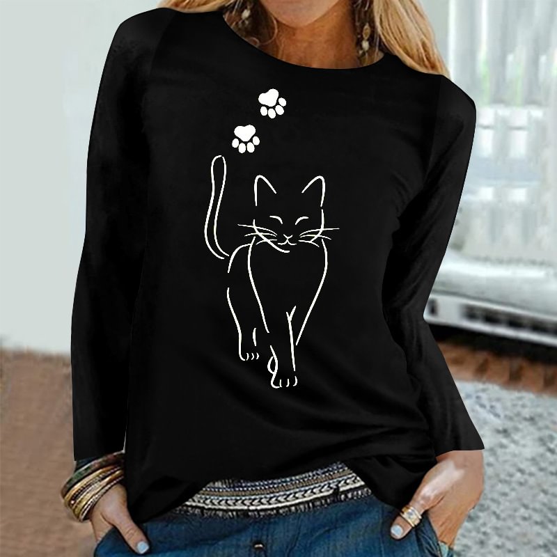 Simple cat print long sleeve T-shirt