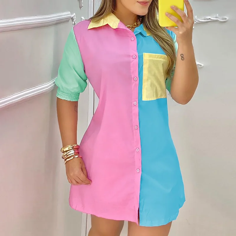 Woherb 2021 Women Fashion Color Block Shirt Lady Long Sleeve Blouse Turn Down Collar Pocket Button Design Casual Tops
