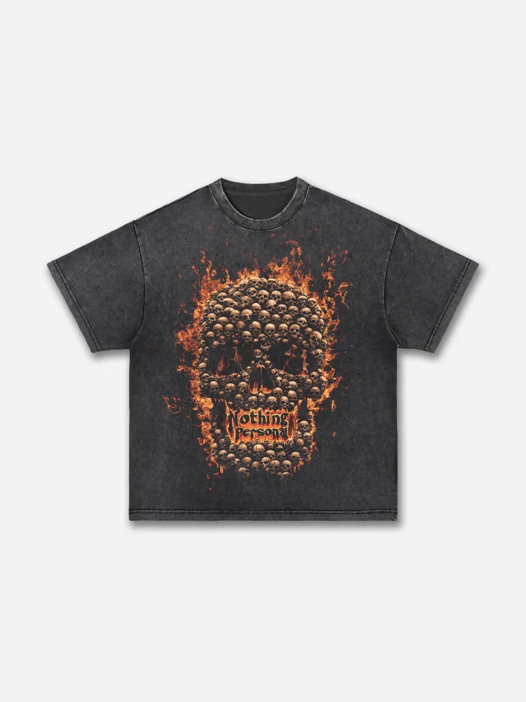 Flaming Skull Graphic Acid Wash T-shirt