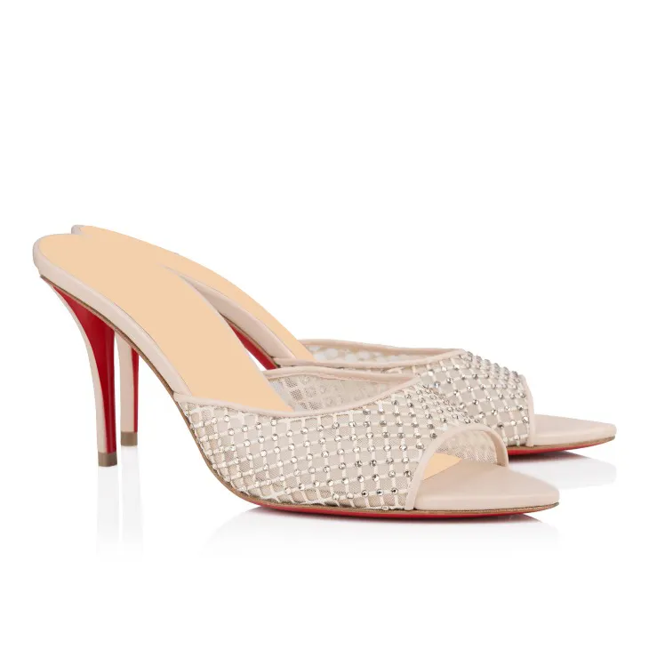 100mm Women's Sandals Pointed Toe Diamonds Mules Red Bottom Heels Slip on Stilettos-vocosishoes