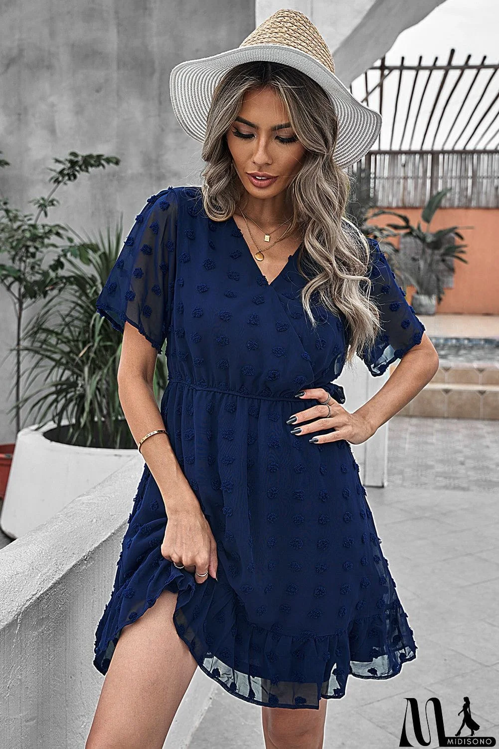 MidiSono - Wrap V Neck Swiss Dot Mini Dress with Ruffles