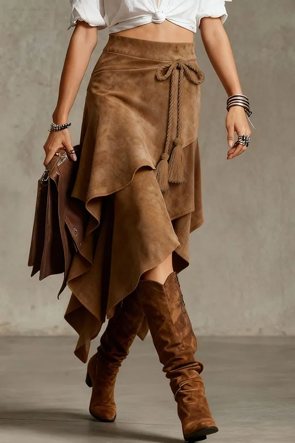 Fashionable Irregular Tie-up Tassel Embellishment Casual Midi Skirt