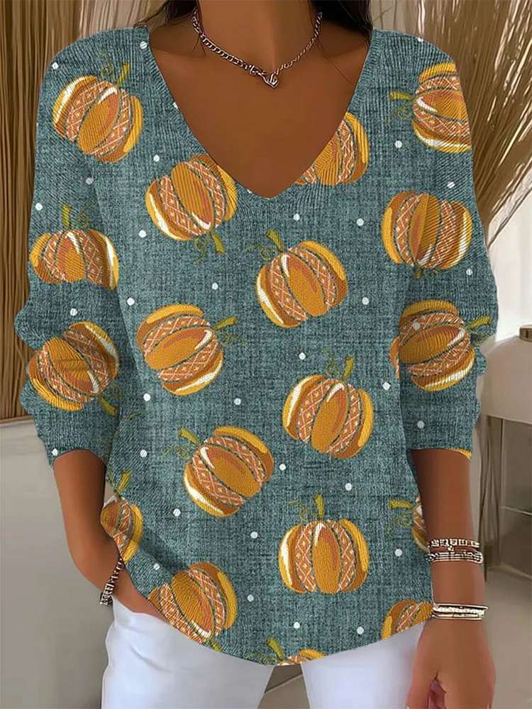 Women's Vintage   Pumpkin  Art Print Casual Pullover Sweater
