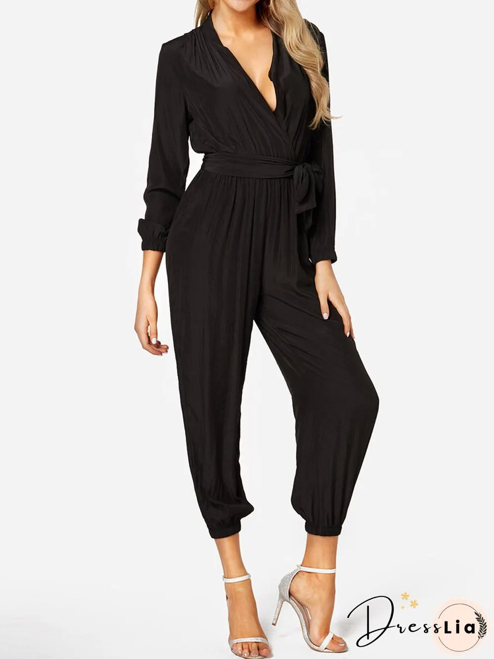 Solid Color Knotted Waistband Long Sleeve Casual Jumpsuit for Women