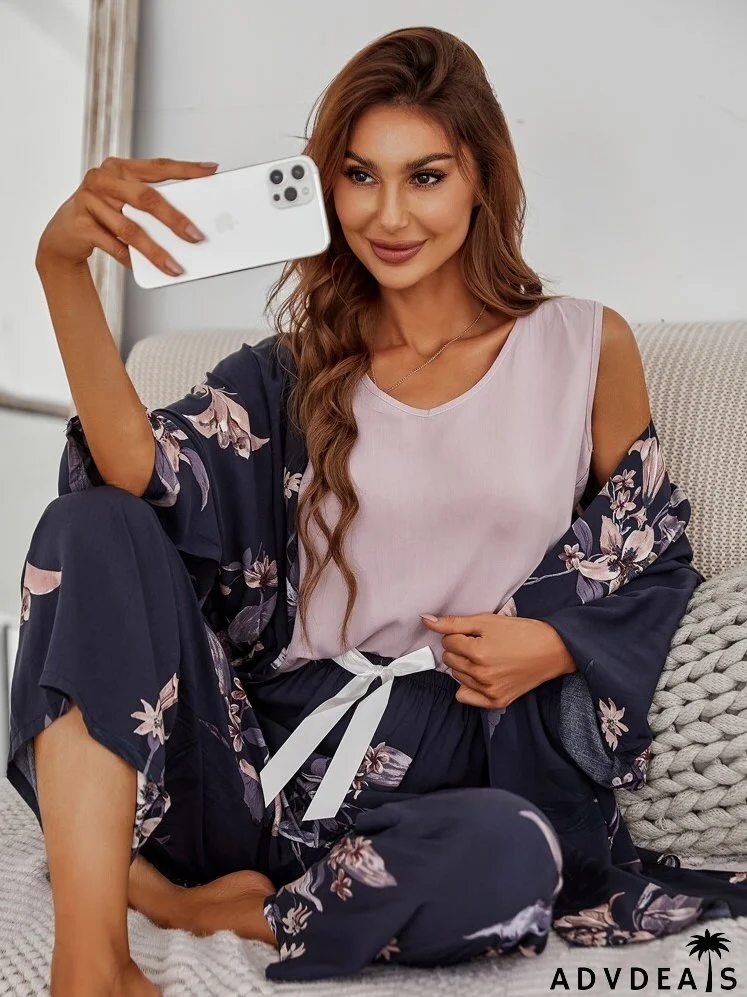 Floral Print Robe & Tank Top & Pants PJ Set