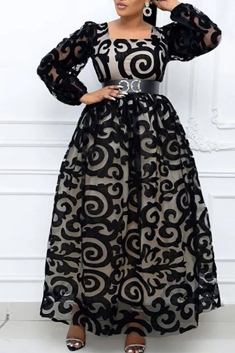 Plus Size Black Formal Elegant Mesh All Over Print Square Neck See-through Maxi Dresses (Without Belt)