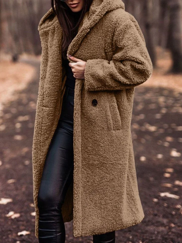 Solid Pocket Long Sleeve Hooded Wool Coat