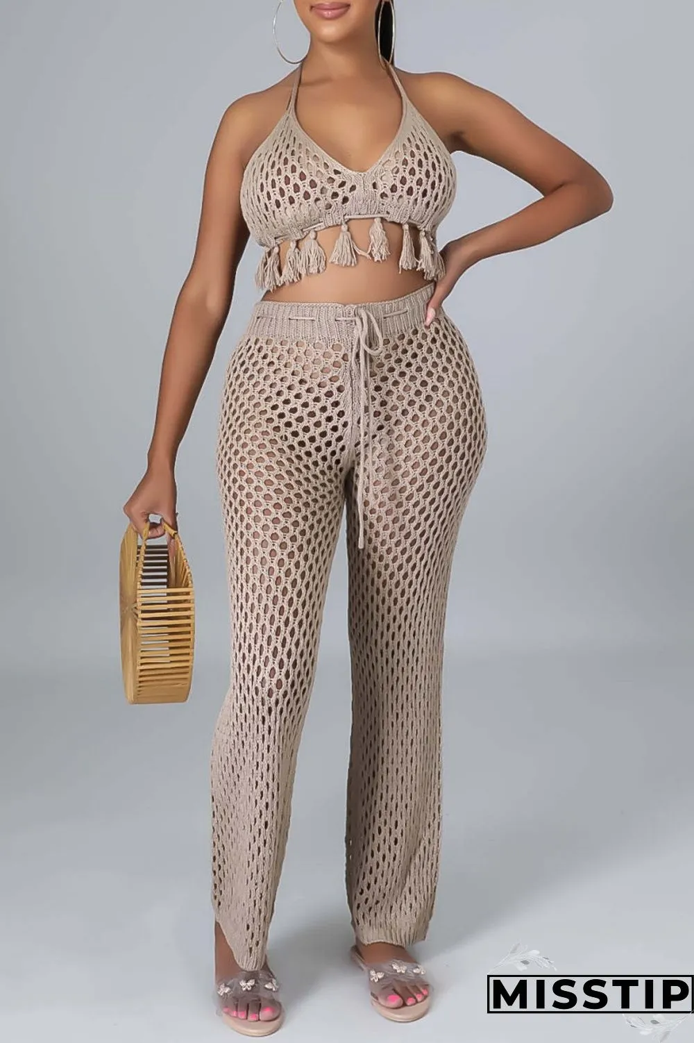 Orange Sexy Solid Bandage Hollowed Out Backless Halter Sleeveless Two Pieces