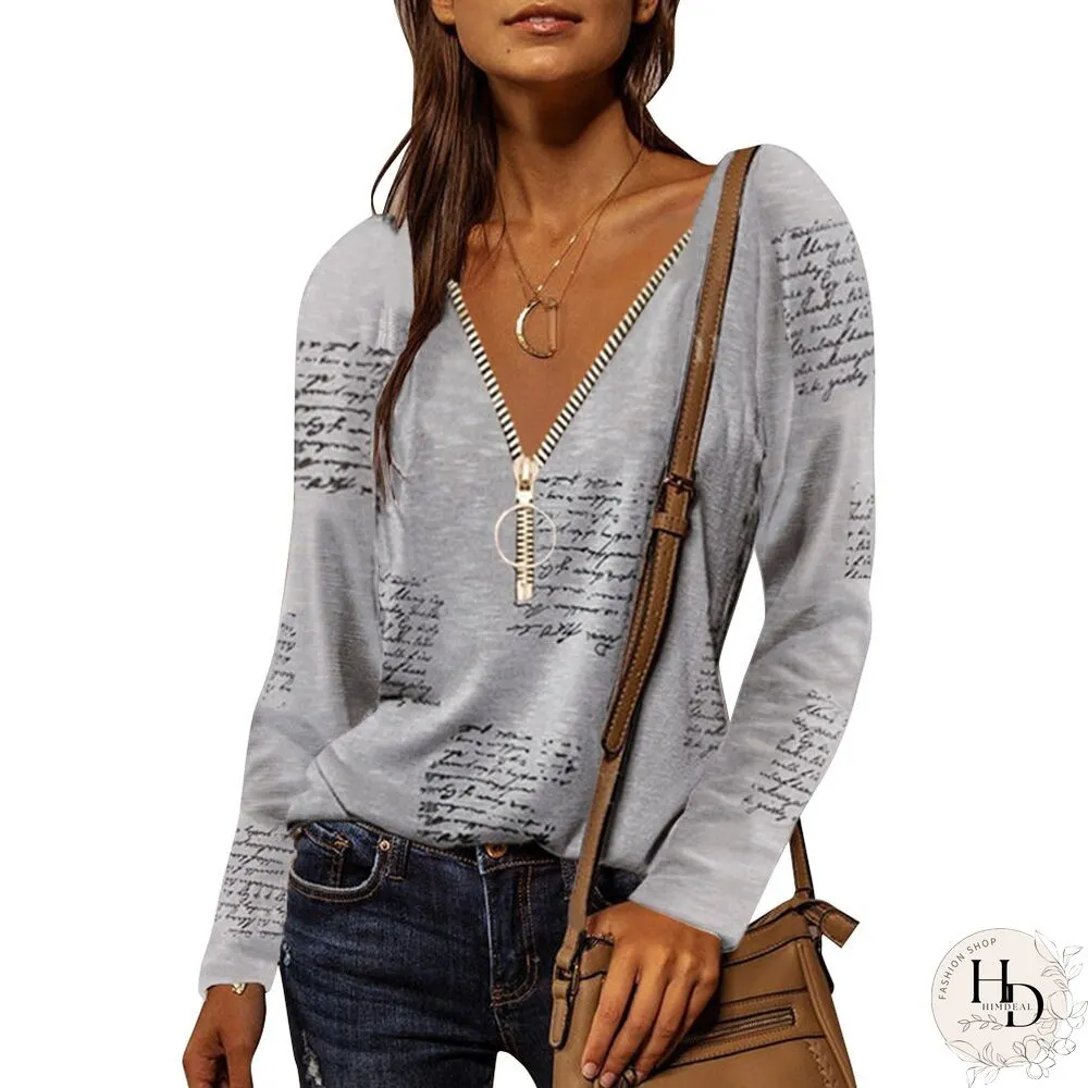 Spring Autumn V-Neck Zipper T-Shirt Letter Printing Long Sleeve Tops Women Casual Loose Tee Office Lady Elegant Tops D30