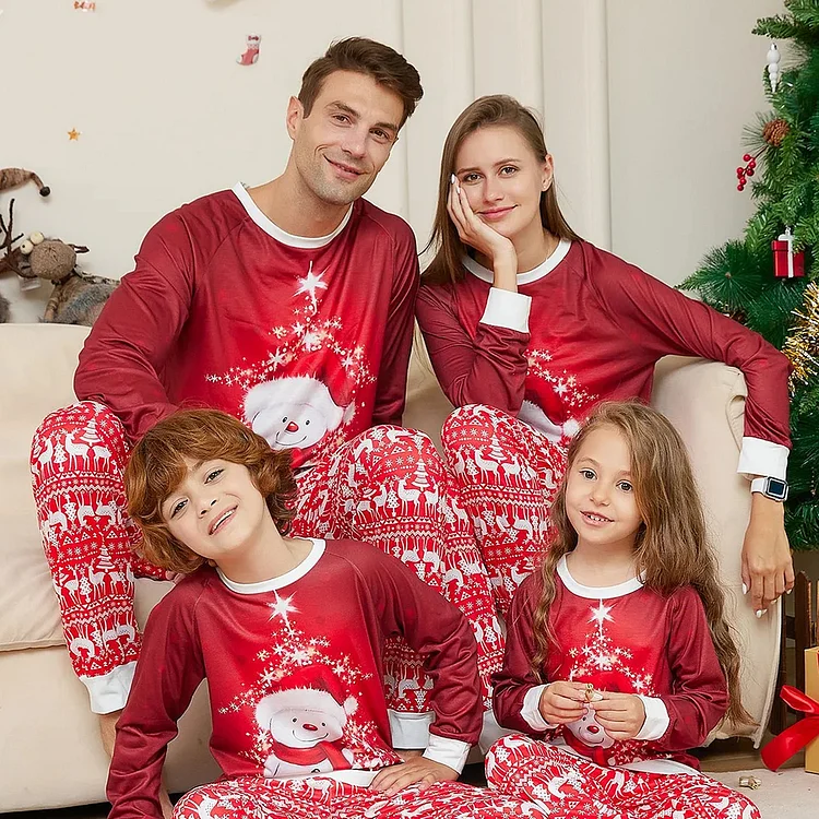 Christmas Snowman Cartoon Print Red Family Matching Pajamas Set