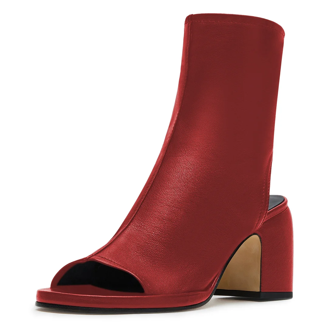 Vegan Leather Open Toe Cut-Out Side-Zip Block Heel Boots in Maroon   