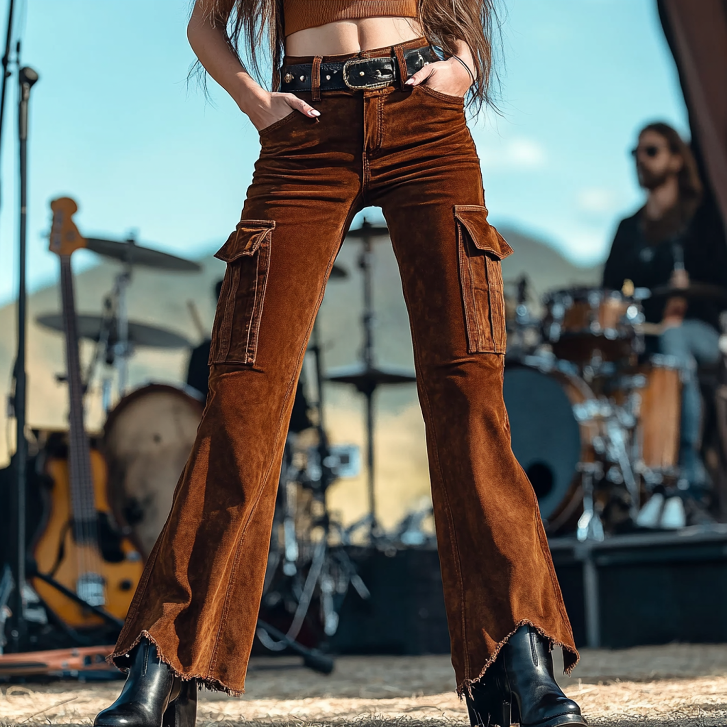 Women's Brown Corduroy Flare Pants With Cargo Pockets