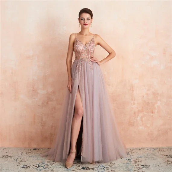 A Line Spaghetti Straps Beaded Blush Pink Long Tulle PromEvening Dresses With Split 