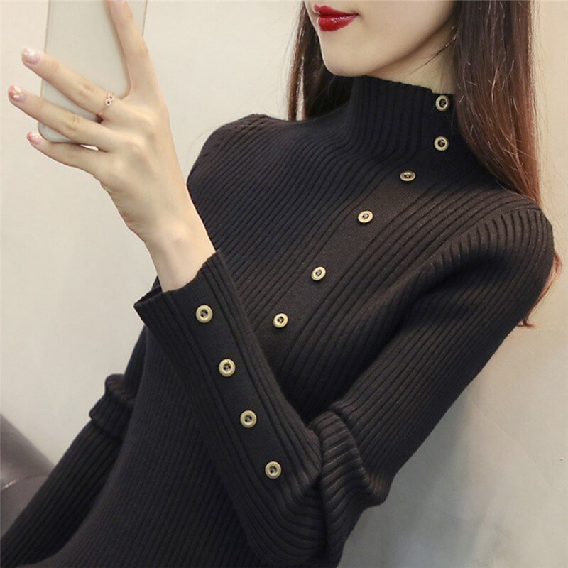 Zoki Elegant Turtleneck Women Knitted Pullover Sweater Fashion Autumn Long Sleeve Jumper Button Korean Pink Winter Streetwear
