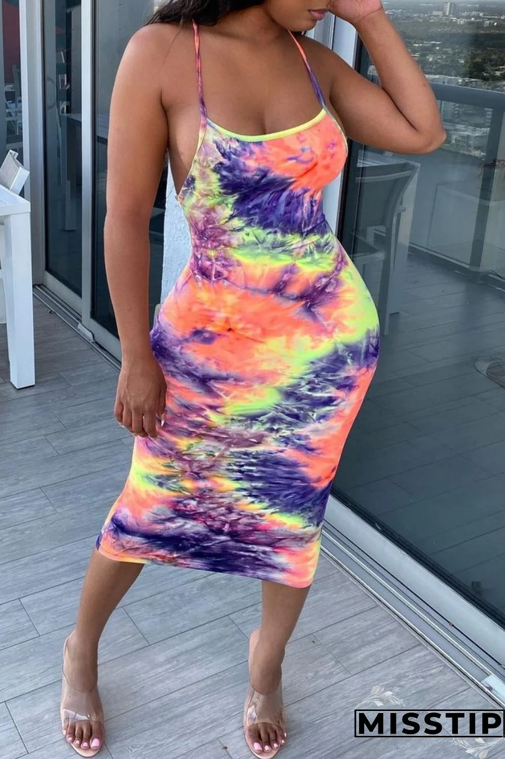 Colour Sexy Print Backless Spaghetti Strap Sleeveless Dress Dresses