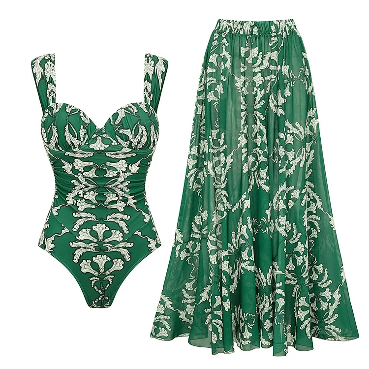 Sling Underwired Frilled Printed One Piece Swimsuit and Skirt
