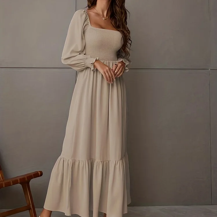 Elegant Ruffle Flowy Long Dress, Solid Long Lantern Sleeve Square Neck Loose Waist Fashion Dresses, Women's Clothing