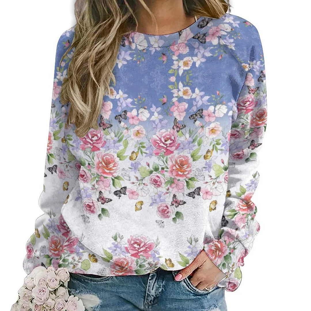 Printed Long Sleeve Casual Sweatshirt for  Women and Men Unisex Pattern Floral, Blue, Pink