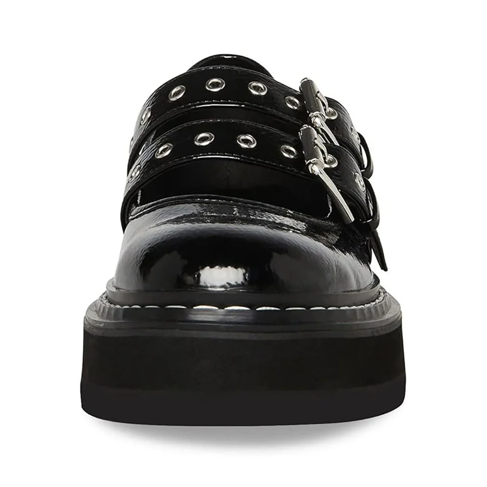 Black Patent Leather Heeled Platform Mary Jane Pumps with Two Straps