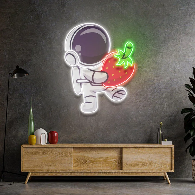 Astronaut Holding Strawberry Led Neon Sign Acrylic Light Bedroom Artwork Wall Decor