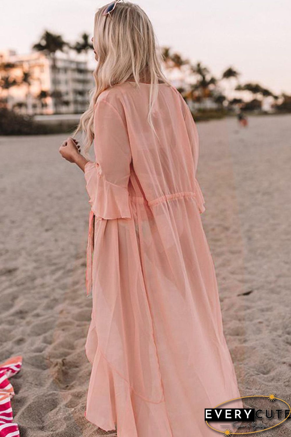 Pink Ruffle Half Sleeve Tie Front Flowy Beach Cover Up