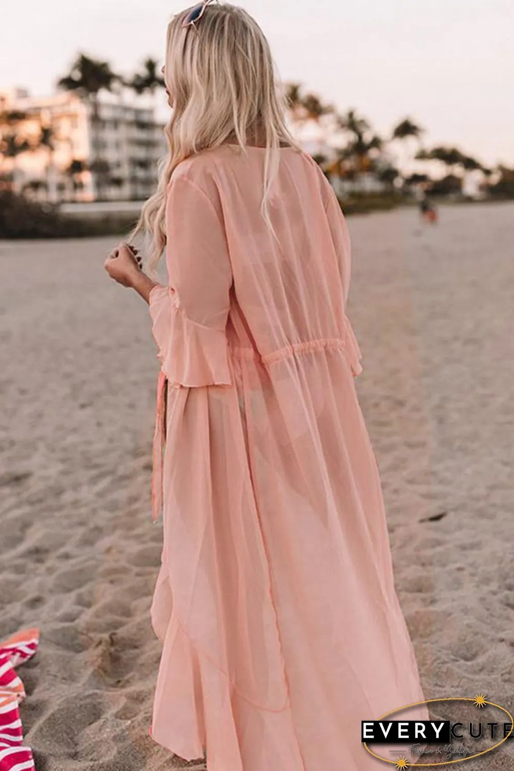 Pink Ruffle Half Sleeve Tie Front Flowy Beach Cover Up