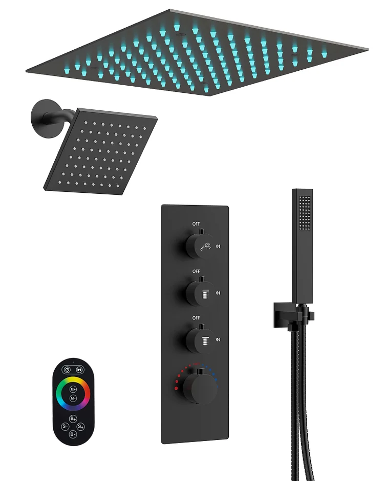 SFS-1034-BK12 Thermostatic Shower System with High-Pressure Valve and LED Lights